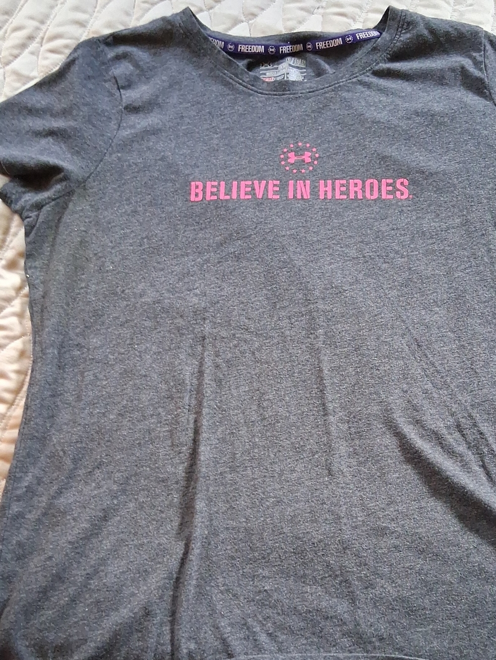 Under Armour Gray Tee with Pink 'Believe in Heroes' Logo